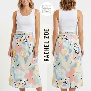 Rachel Zoe Pastel Florals 100% Linen Midi Skirt Size Medium w/ Pockets